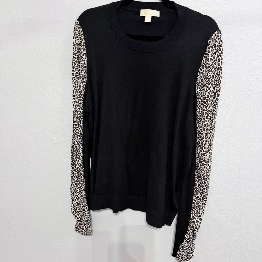 MICHAEL KORS Women’s Black Sweater Top with Leopard Print Sleeves
